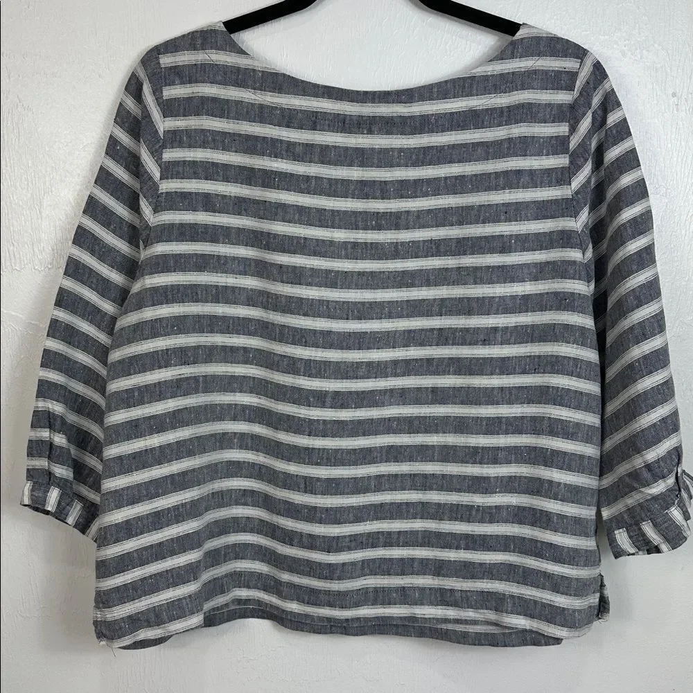 Christian Siriano Linen Gray And White Striped 3/4 Sleeve Top Size L